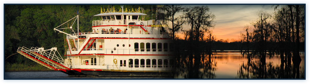 Image of a collage of a river boat and a beautiful swamp in the evening. Serving Louisiana Since 1937 overlay the image.